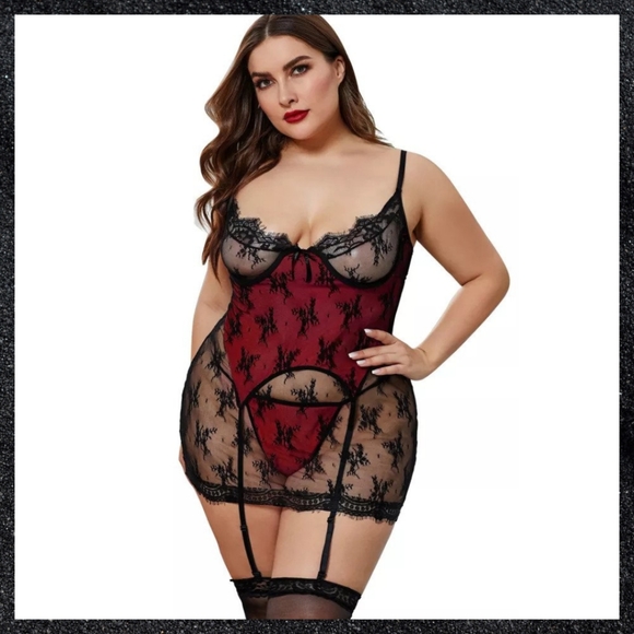 Red & Black Lace Layered Garter Chemise Dress Plus Size - Picture 9 of 11